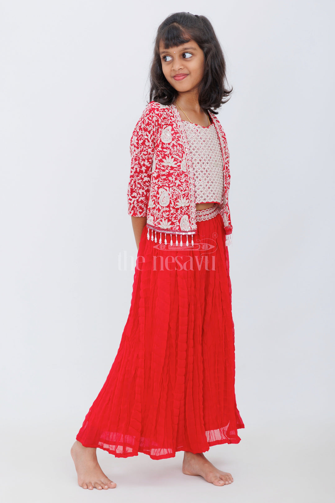 The Nesavu Girls Sharara / Plazo Set Girls Sharara Set in Red with Embroidered Jacket and Paisley Print Crop Top Nesavu Nesavu Girls Red Sharara Set Embroidered Jacket Crop Top Dupatta