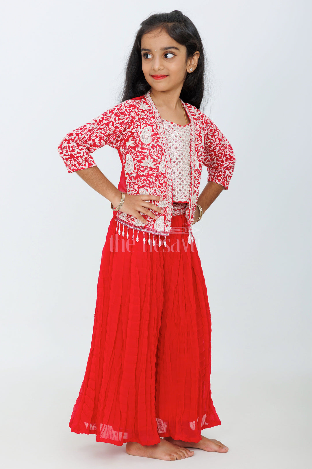 The Nesavu Girls Sharara / Plazo Set Girls Sharara Set in Red with Embroidered Jacket and Paisley Print Crop Top Nesavu Nesavu Girls Red Sharara Set Embroidered Jacket Crop Top Dupatta