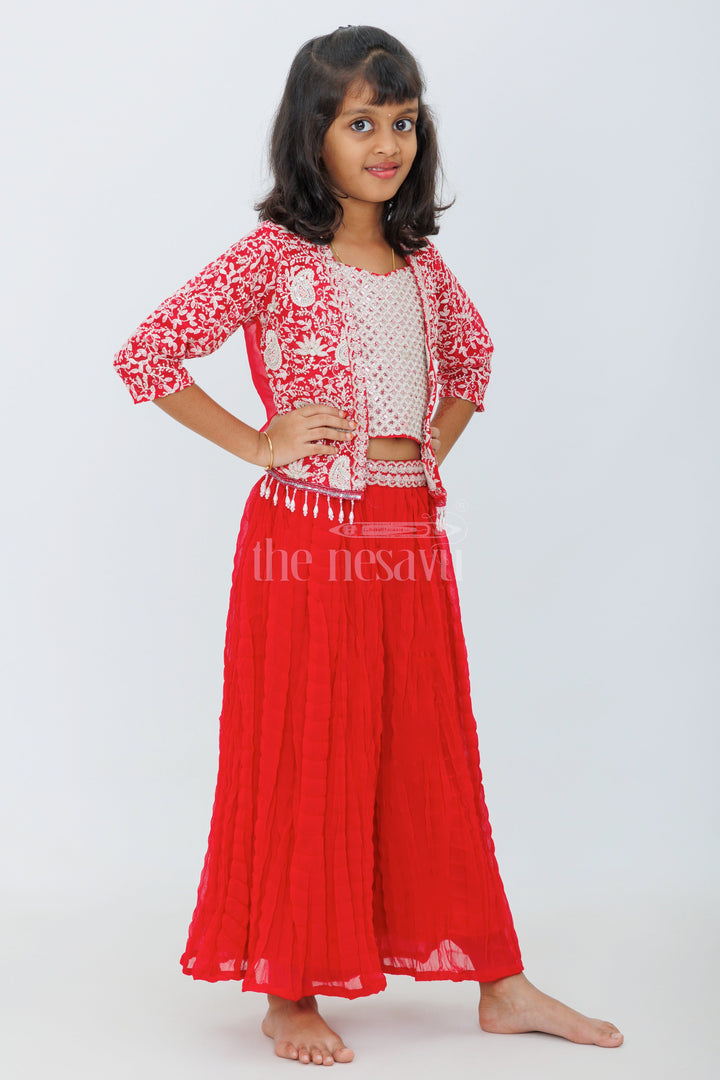 The Nesavu Girls Sharara / Plazo Set Girls Sharara Set in Red with Embroidered Jacket and Paisley Print Crop Top Nesavu Nesavu Girls Red Sharara Set Embroidered Jacket Crop Top Dupatta