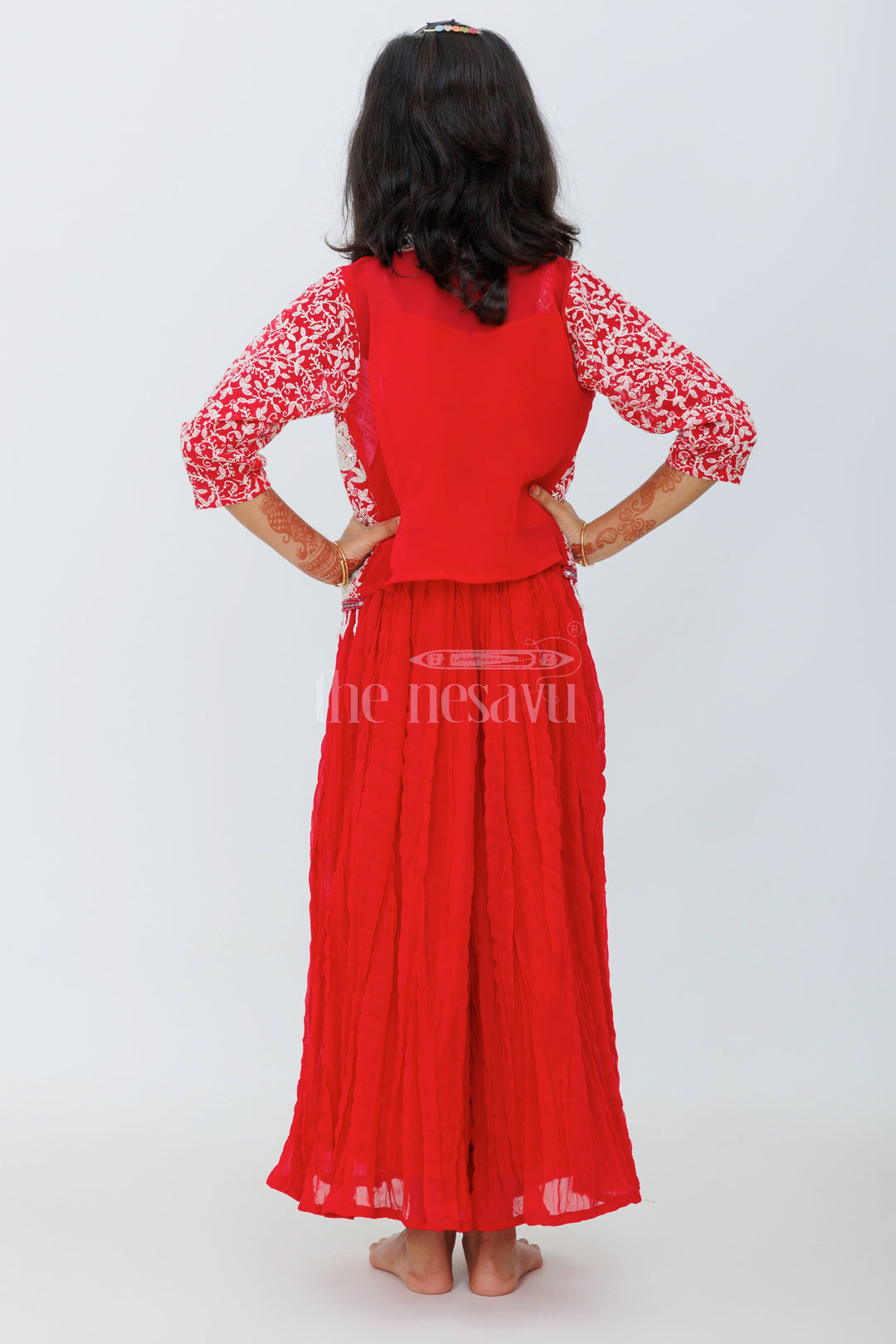 The Nesavu Girls Sharara / Plazo Set Girls Sharara Set in Red with Embroidered Jacket and Paisley Print Crop Top Nesavu Nesavu Girls Red Sharara Set Embroidered Jacket Crop Top Dupatta