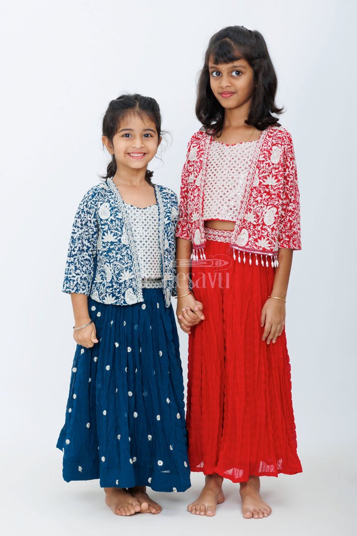 The Nesavu Girls Sharara / Plazo Set Girls Sharara Set in Red with Embroidered Jacket and Paisley Print Crop Top Nesavu Nesavu Girls Red Sharara Set Embroidered Jacket Crop Top Dupatta