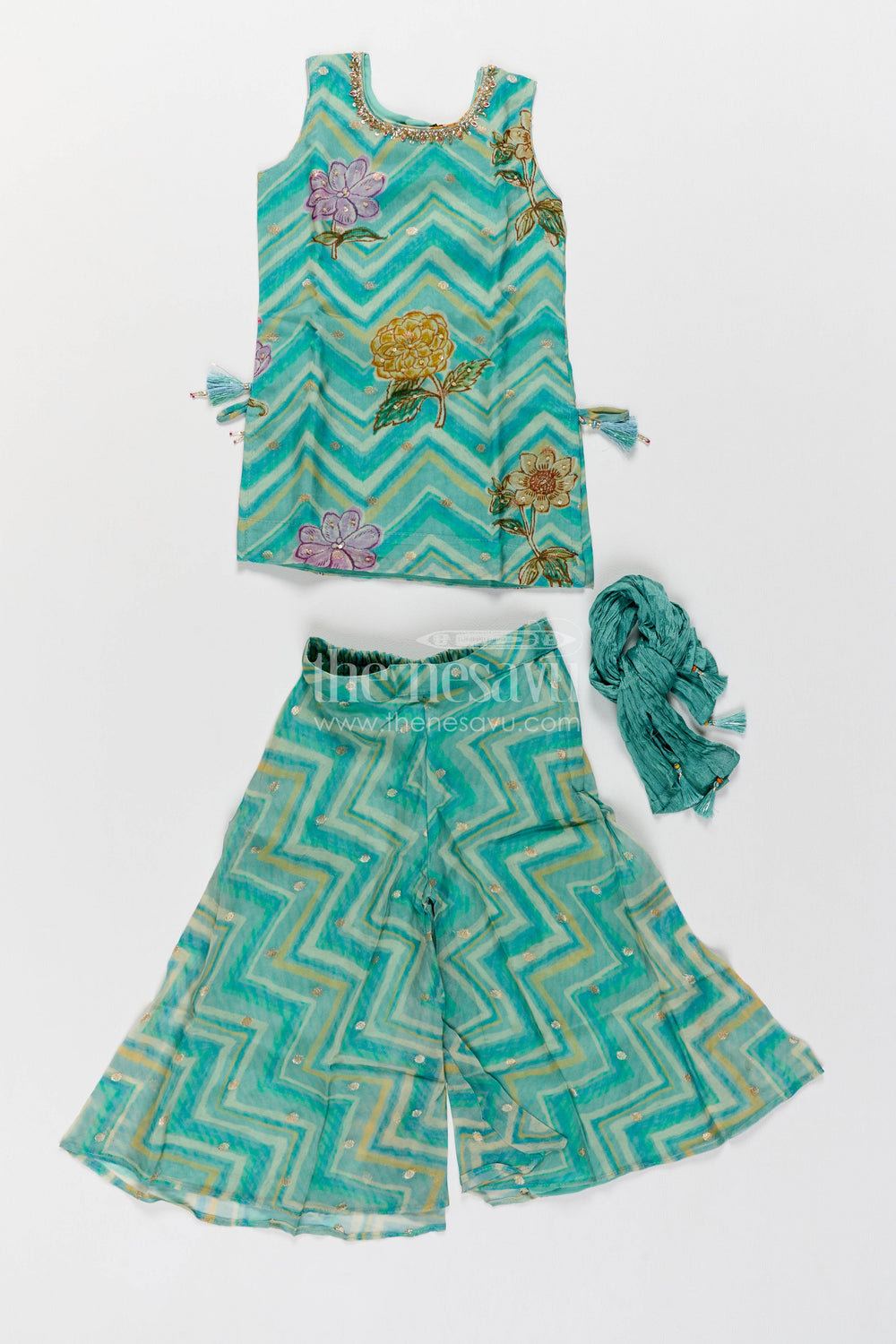 The Nesavu Girls Sharara / Plazo Set Girls Sharara Set in Turquoise with Digital Print Nesavu 18 (2Y) / Turquoise / Viscose Silk GPS1223A-18 Nesavu Girls Sharara Set In Turquoise For Party Memories GPS1223A-18