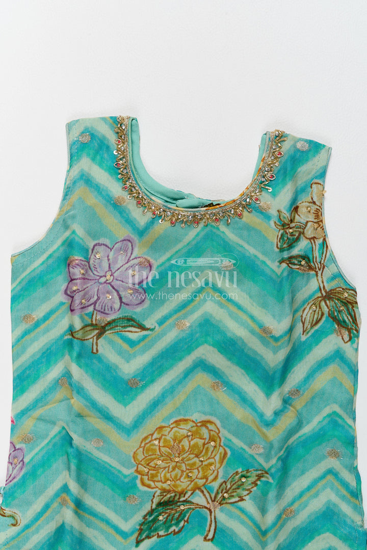 The Nesavu Girls Sharara / Plazo Set Girls Sharara Set in Turquoise with Digital Print Nesavu Nesavu Girls Sharara Set In Turquoise For Party Memories