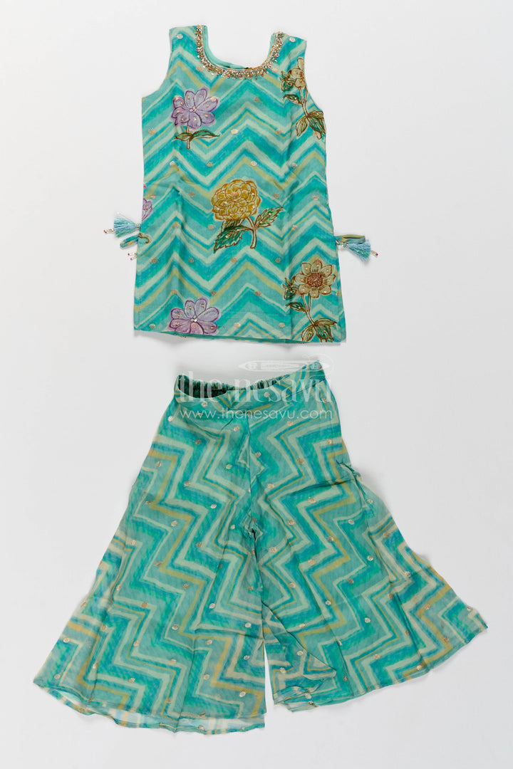 The Nesavu Girls Sharara / Plazo Set Girls Sharara Set in Turquoise with Digital Print Nesavu Nesavu Girls Sharara Set In Turquoise For Party Memories