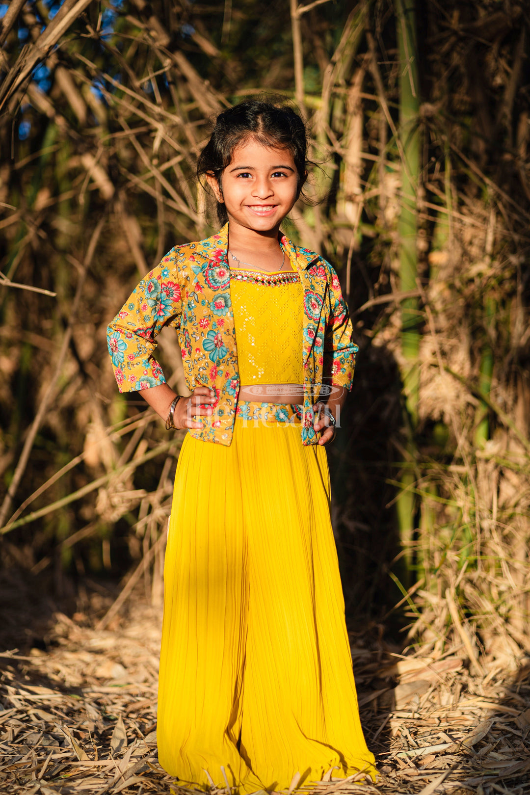 The Nesavu Girls Sharara / Plazo Set Girls Sharara Set in Vibrant Yellow with Floral-Printed Jacket and Palazzo Pants Nesavu 22 (4Y) / Green GPS411A-22 Nesavu Girls Yellow Sharara Set Floral Jacket Pleated Palazzo Pants