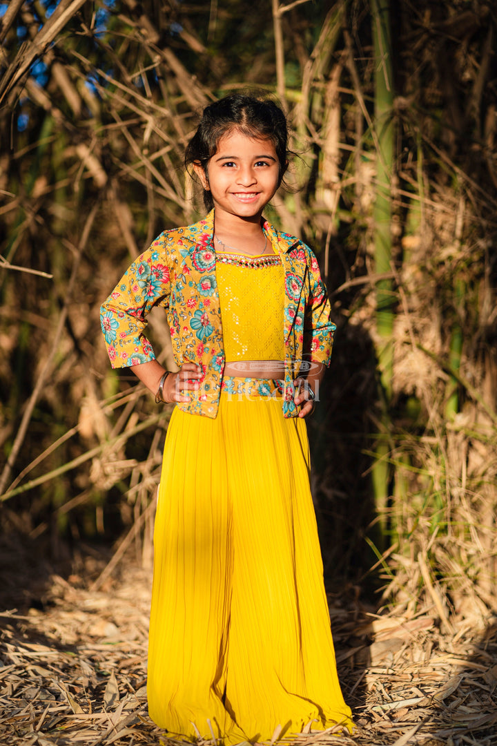 The Nesavu Girls Sharara / Plazo Set Girls Sharara Set in Vibrant Yellow with Floral-Printed Jacket and Palazzo Pants Nesavu 22 (4Y) / Green GPS411A-22 Nesavu Girls Yellow Sharara Set Floral Jacket Pleated Palazzo Pants