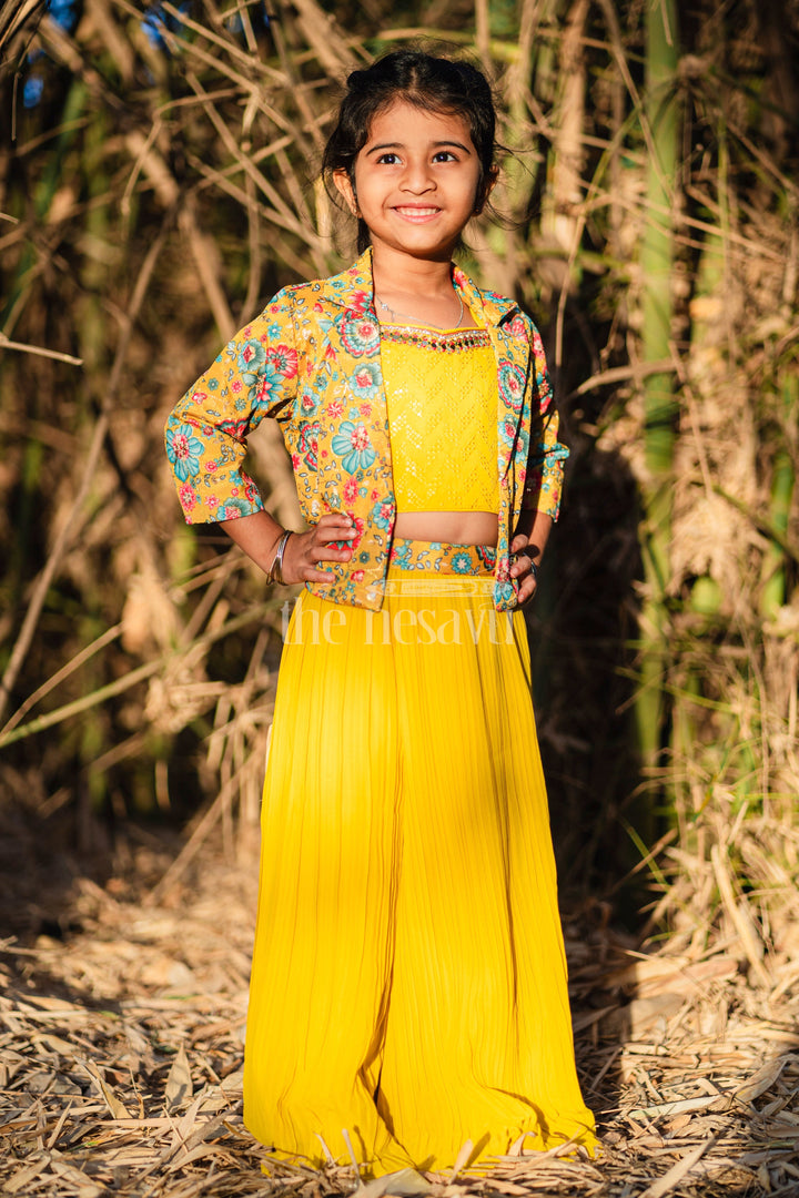 The Nesavu Girls Sharara / Plazo Set Girls Sharara Set in Vibrant Yellow with Floral-Printed Jacket and Palazzo Pants Nesavu Nesavu Girls Yellow Sharara Set Floral Jacket Pleated Palazzo Pants