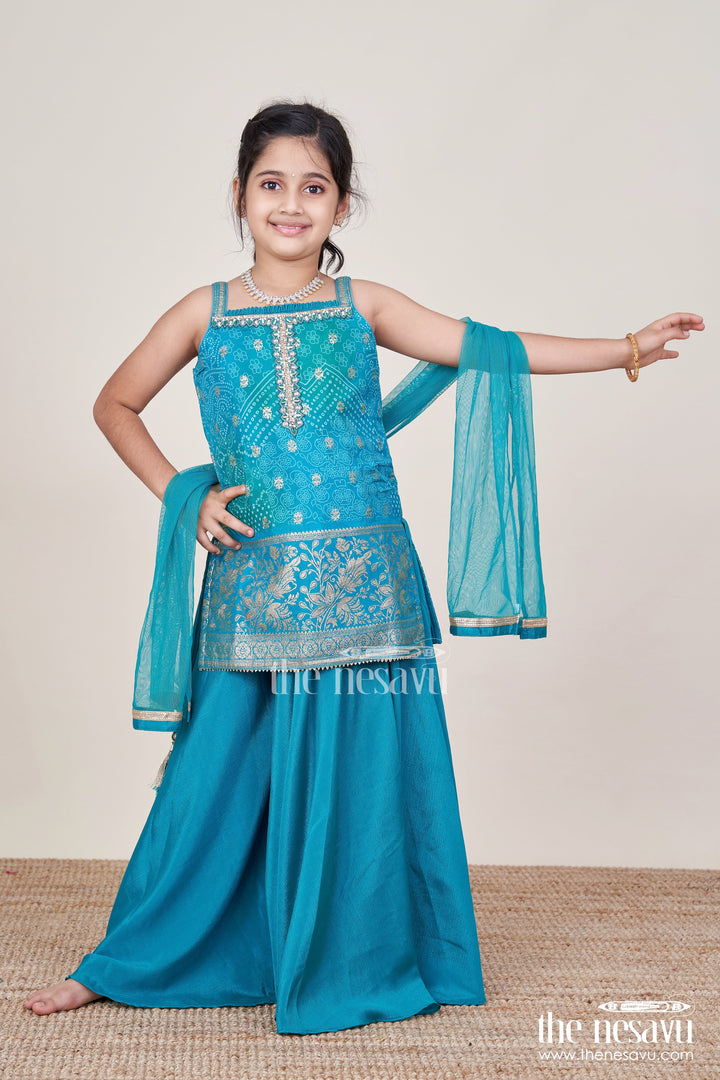The Nesavu Girls Sharara / Plazo Set Girls Sharara Set in Viscose Silk with Embroidered Yoke for Festive Wear Nesavu 26 (6Y) / Turquoise GPS737A-26 Nesavu girls silk sharara set embroidered yoke weddings festive functions