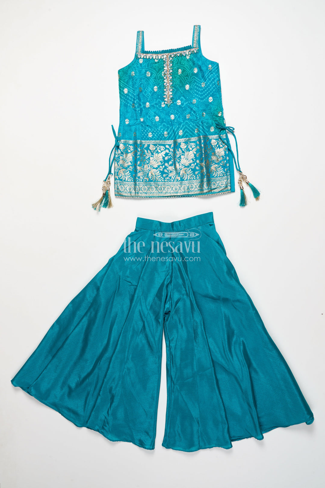 The Nesavu Girls Sharara / Plazo Set Girls Sharara Set in Viscose Silk with Embroidered Yoke for Festive Wear Nesavu Nesavu girls silk sharara set embroidered yoke weddings festive functions