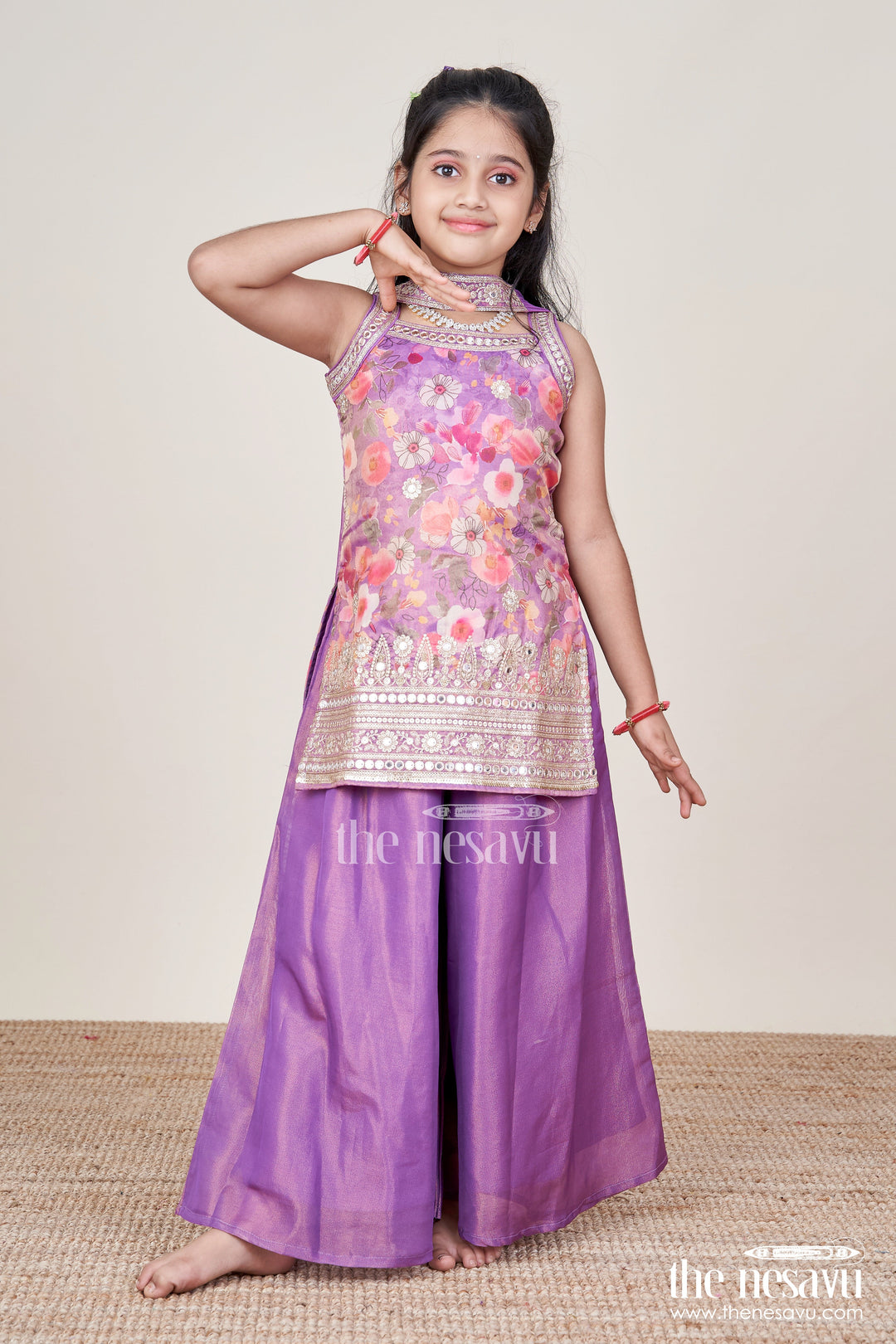 The Nesavu Girls Sharara / Plazo Set Girls Sharara Set in Viscose Silk with Floral Embroidery Yoke Nesavu 26 (6Y) / Purple GPS742A-26 Nesavu girls silk sharara set floral embroidery yoke festive occasions