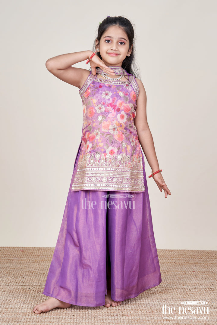 The Nesavu Girls Sharara / Plazo Set Girls Sharara Set in Viscose Silk with Floral Embroidery Yoke Nesavu 26 (6Y) / Purple GPS742A-26 Nesavu girls silk sharara set floral embroidery yoke festive occasions