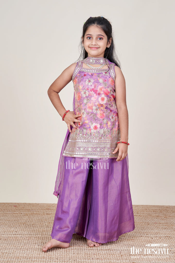 The Nesavu Girls Sharara / Plazo Set Girls Sharara Set in Viscose Silk with Floral Embroidery Yoke Nesavu Nesavu girls silk sharara set floral embroidery yoke festive occasions
