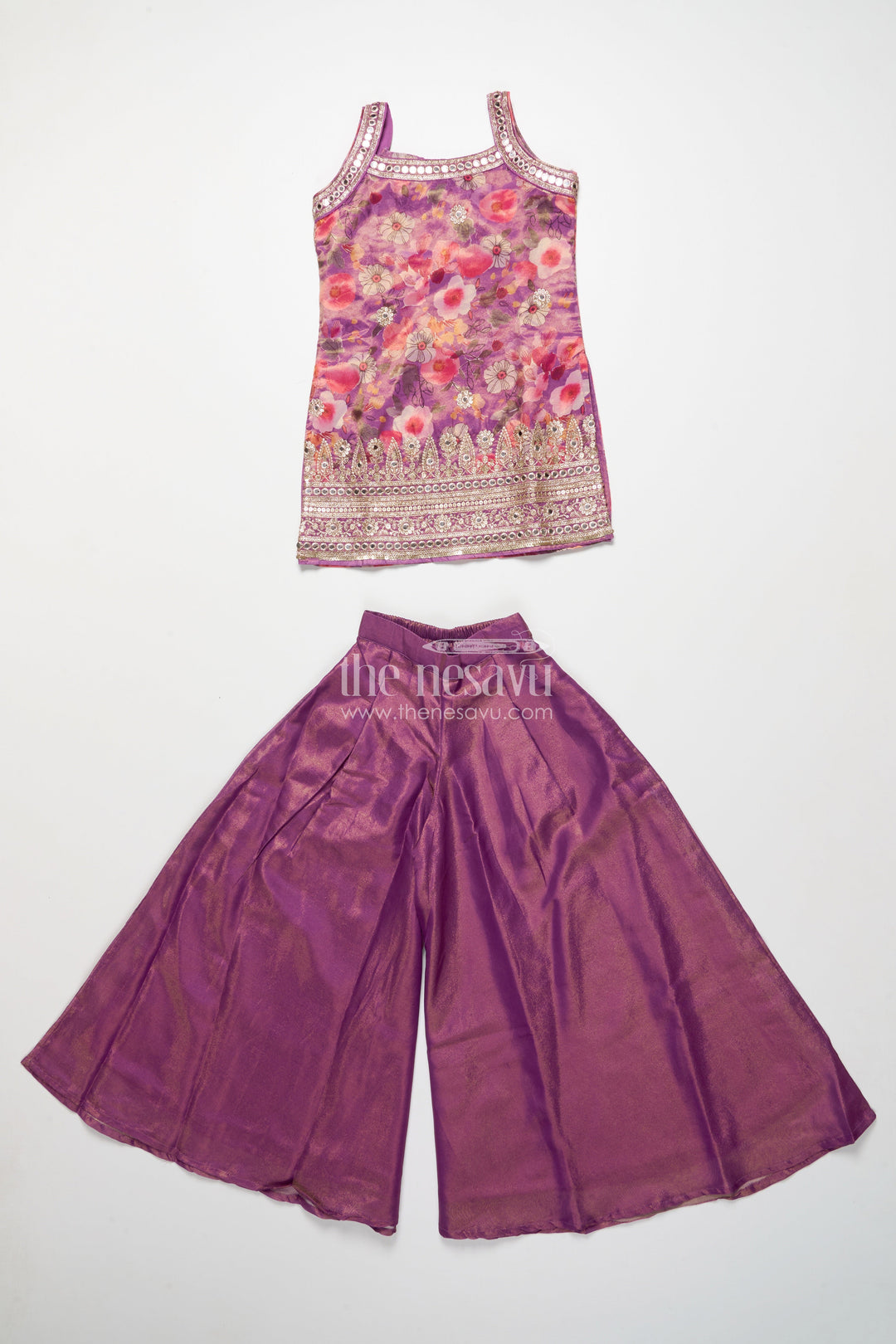 The Nesavu Girls Sharara / Plazo Set Girls Sharara Set in Viscose Silk with Floral Embroidery Yoke Nesavu Nesavu girls silk sharara set floral embroidery yoke festive occasions