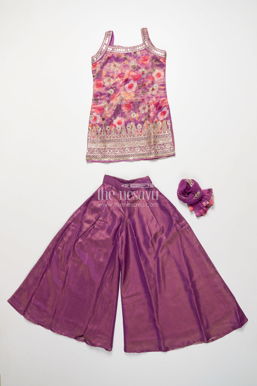 The Nesavu Girls Sharara / Plazo Set Girls Sharara Set in Viscose Silk with Floral Embroidery Yoke Nesavu Nesavu girls silk sharara set floral embroidery yoke festive occasions