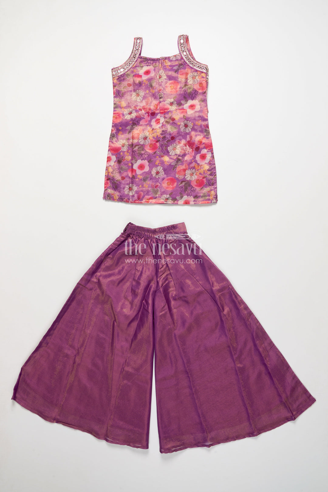 The Nesavu Girls Sharara / Plazo Set Girls Sharara Set in Viscose Silk with Floral Embroidery Yoke Nesavu Nesavu girls silk sharara set floral embroidery yoke festive occasions