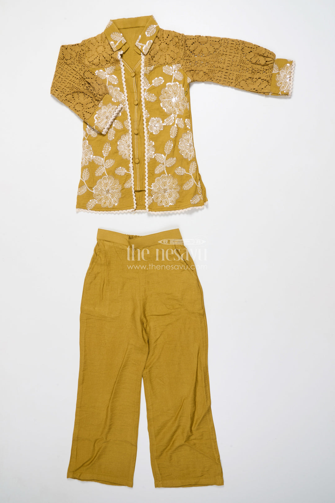 The Nesavu Girls Co-Ord Sets Girls Sharara Set with Attached Coat for Festive Occasions and Weddings Nesavu 28 (7Y) / Yellow GPS783A-28 Nesavu girls sharara set crochet jacket  perfect weddings traditional functions