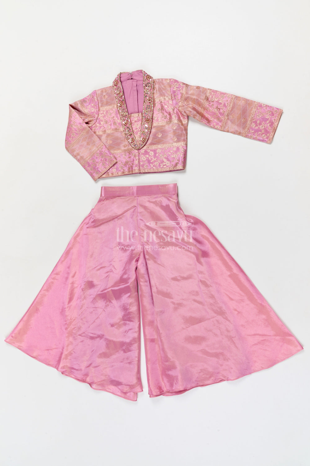 The Nesavu Girls Sharara / Plazo Set Girls Sharara Set with Designer Yoke for Weddings and Festive Occasions Nesavu 24 (5Y) / Pink GPS921A-24 Nesavu girls sharara set with designer yoke and sling bag for weddings and festive wear