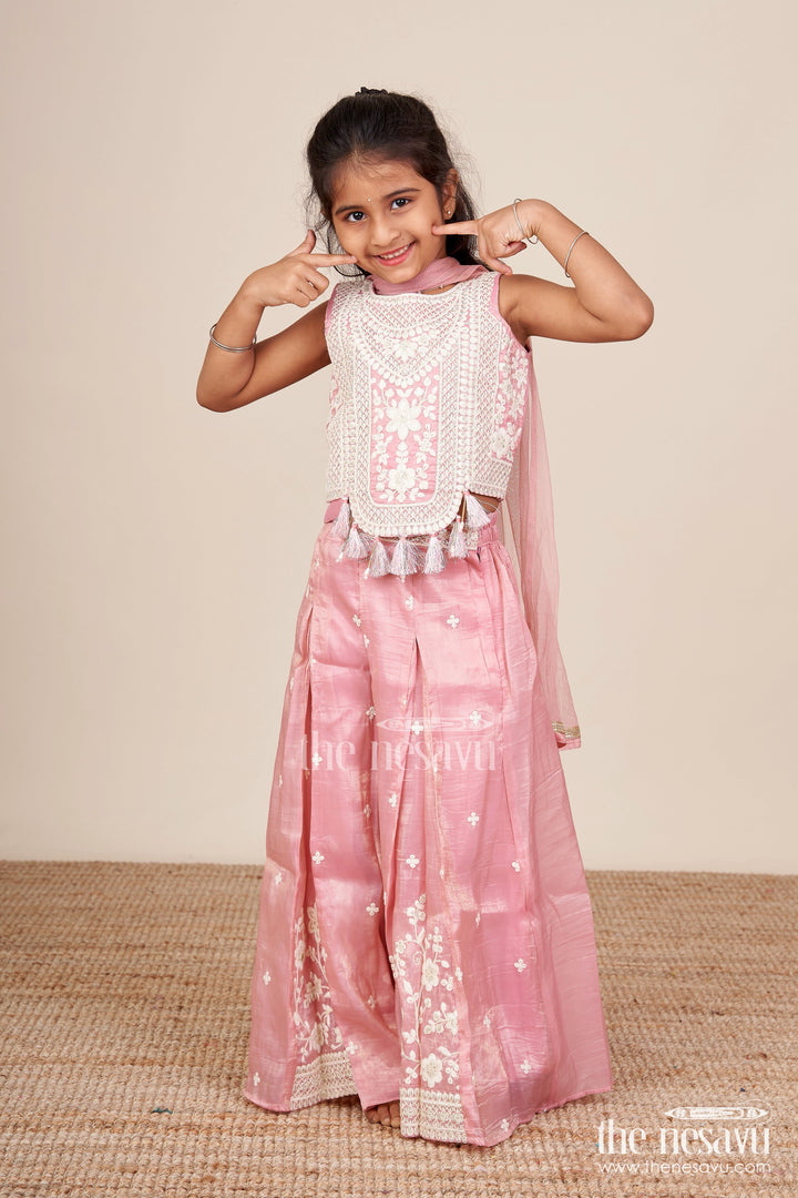 The Nesavu Girls Sharara / Plazo Set Girls Sharara Set with Embroidered Crop Top for Festive Occasions Nesavu Nesavu girls sharara set embroidered crop top weddings festive celebrations