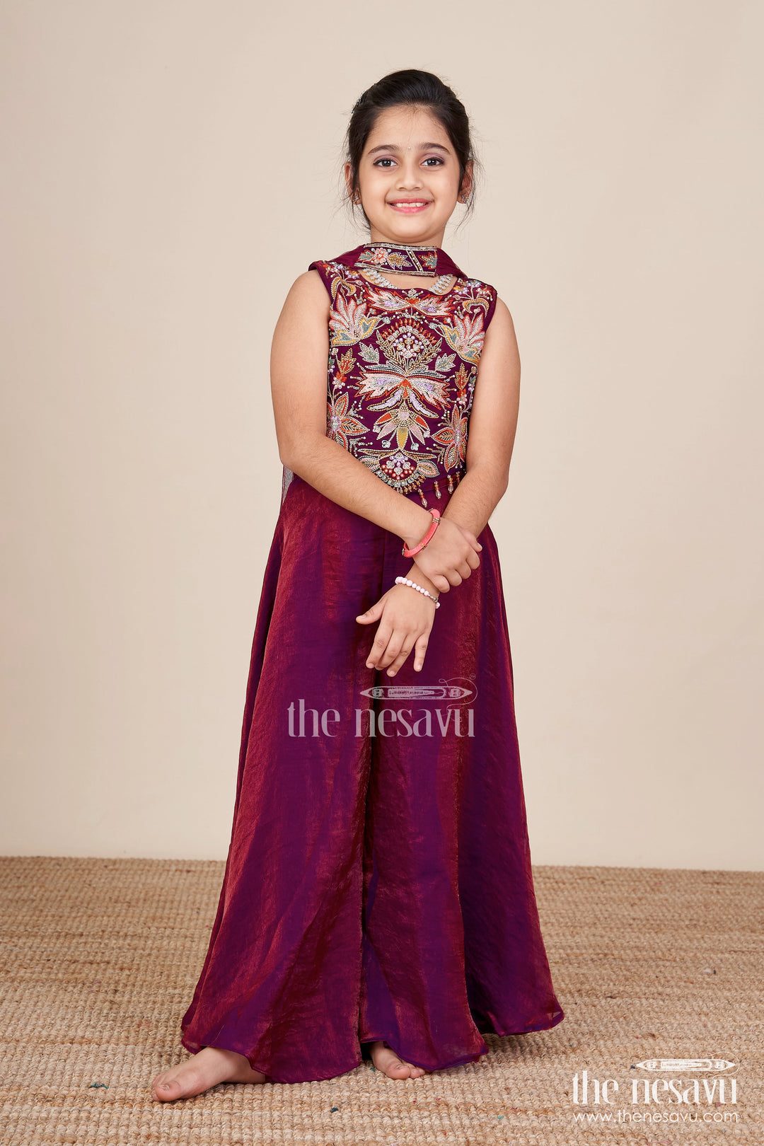 The Nesavu Girls Sharara / Plazo Set Girls Sharara Set with Embroidered Kurti for Weddings and Parties Nesavu 24 (5Y) / Purple GPS802A-24 Nesavu girls sharara set embroidered kurti weddings festive occasions
