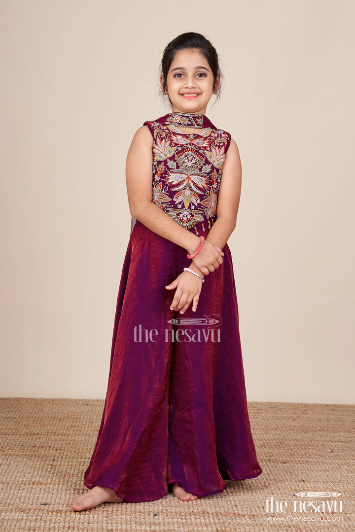 The Nesavu Girls Sharara / Plazo Set Girls Sharara Set with Embroidered Kurti for Weddings and Parties Nesavu 24 (5Y) / Purple GPS802A-24 Nesavu girls sharara set embroidered kurti weddings festive occasions
