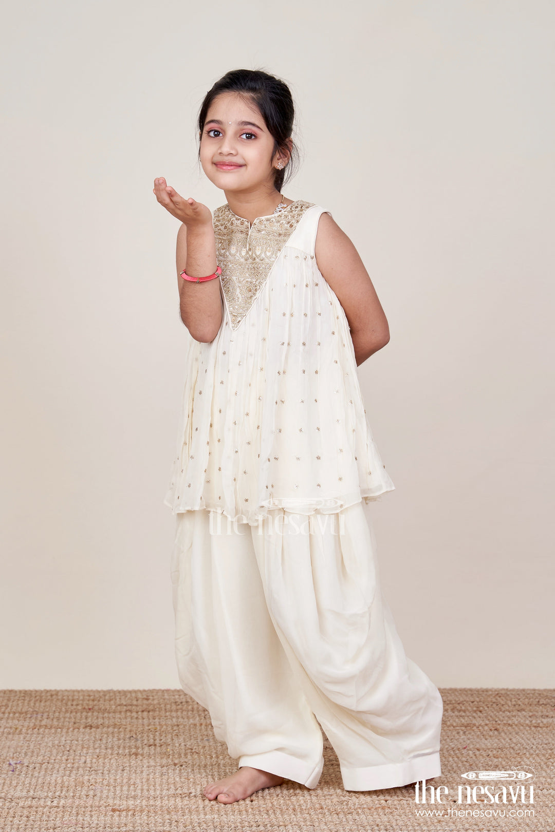 The Nesavu Girls Sharara / Plazo Set Girls Sharara Set with Embroidered Yoke for Festive and Cultural Events Nesavu 16 (1Y) / Cream GPS787A-16 Nesavu georgette sharara set embroidered yoke festive outfit girls ethnic events poojas