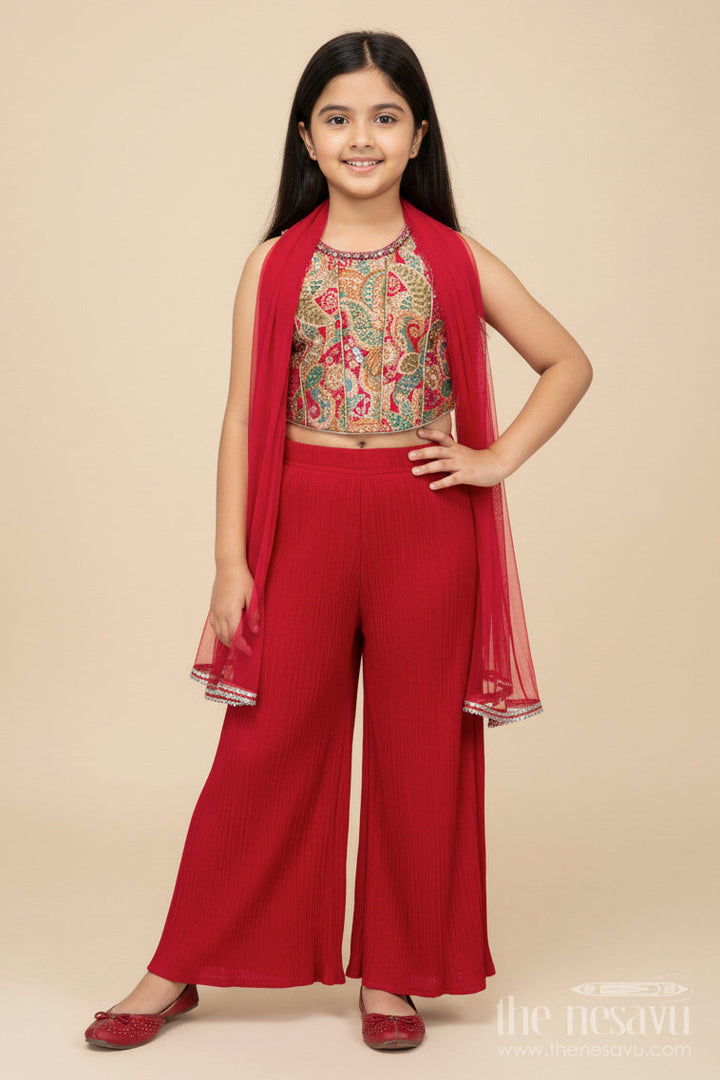 The Nesavu Girls Sharara / Plazo Set Girls Sharara Set with Embroidered Yoke for Festive and Ethnic Functions Nesavu 12 (3M) / Half white GPS698B-12 Nesavu girls sharara set designer embroidery yoke georgette flared pants