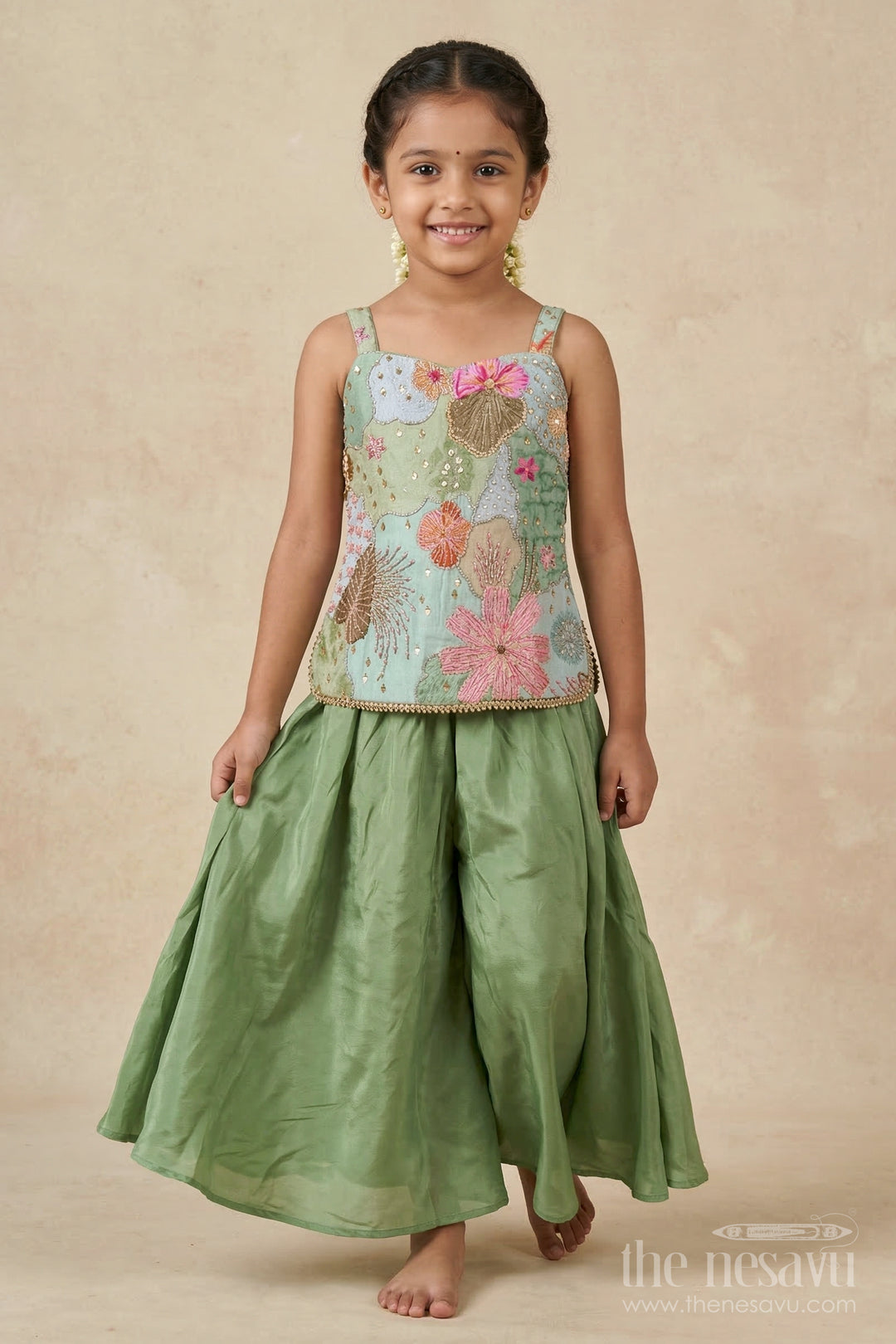 The Nesavu Girls Sharara / Plazo Set Girls Sharara Set with Embroidered Yoke for Festive Functions Nesavu 16 (1Y) / Green / Georgette GPS952A-16 Nesavu girls sharara set with embroidered yoke and dupatta for festive wear and weddings