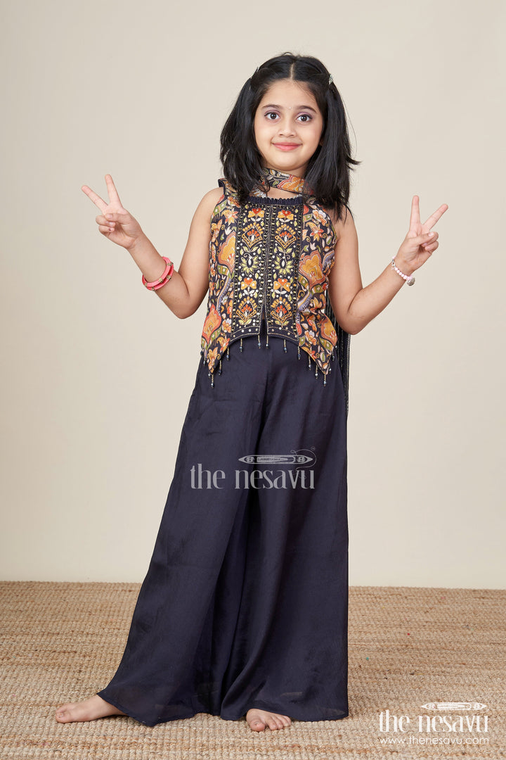 The Nesavu Girls Sharara / Plazo Set Girls Sharara Set with Embroidered Yoke for Weddings and Family Occasions Nesavu 26 (6Y) / Black GPS744B-26 Nesavu girls sharara set embroidered yoke dupatta festive wedding occasions
