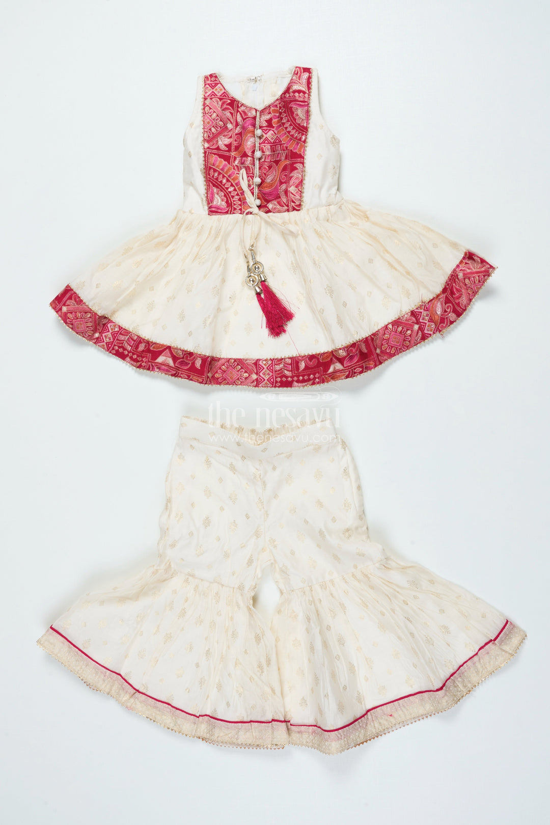 The Nesavu Girls Sharara / Plazo Set Girls Sharara Set with Gold Kadi Print Elegant Festive Outfit for Weddings and Rituals Nesavu 16 (1Y) / Half white GPS687A-16 Nesavu girls gold printed sharara set modal blend festive ethnic wear weddings functions