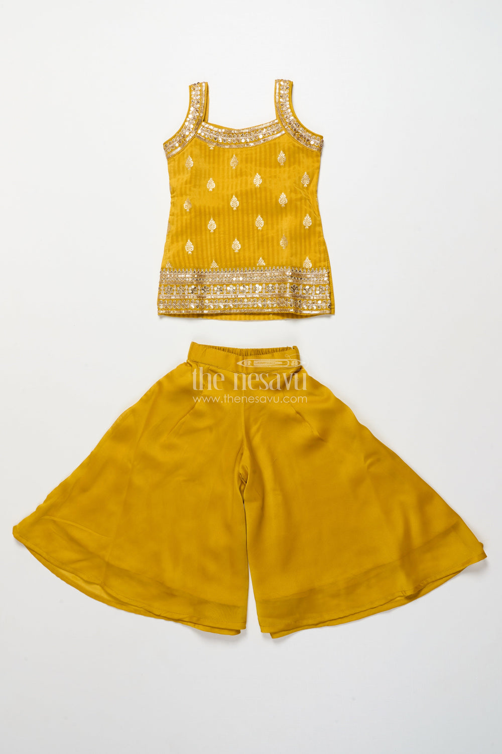 The Nesavu Girls Sharara / Plazo Set Girls Sharara Set with Sequin Embroidered Yoke for Festive Events Nesavu 18 (2Y) / Yellow GPS759A-18 Nesavu girls georgette sharara set sequin embroidered top festive occasions
