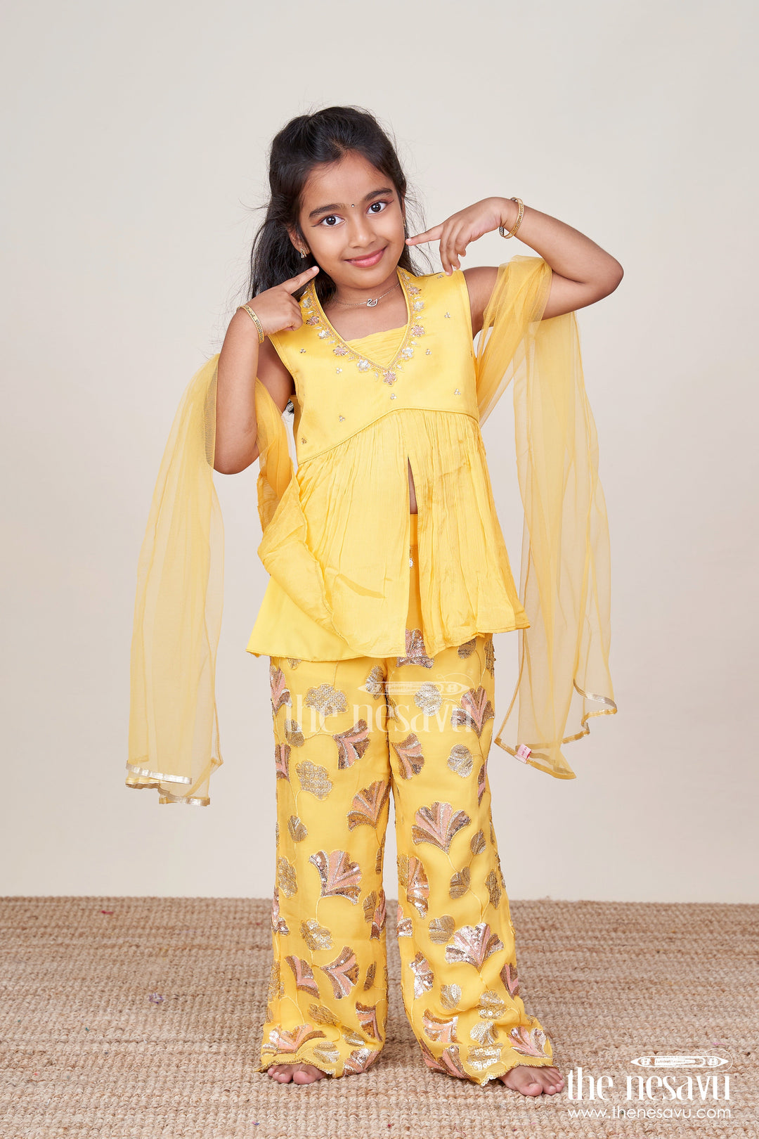The Nesavu Girls Sharara / Plazo Set Girls Sharara Set with Sequins for Festive and Traditional Wear Nesavu 16 (1Y) / Yellow GPS789A-16 Nesavu festive sharara set girls sequin embroidery ideal Diwali family celebrations