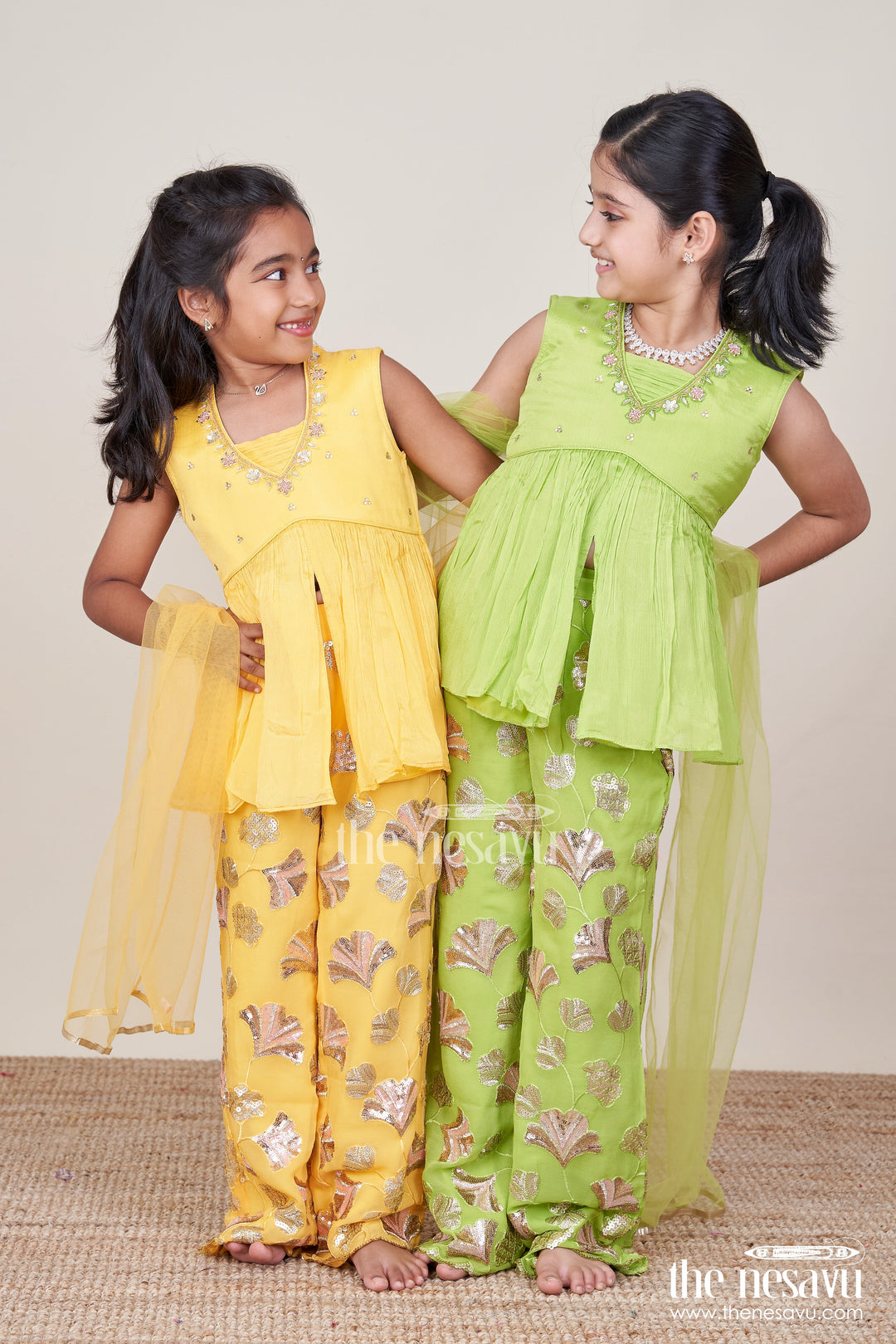 The Nesavu Girls Sharara / Plazo Set Girls Sharara Set with Sequins for Festive and Traditional Wear Nesavu Nesavu festive sharara set girls sequin embroidery ideal Diwali family celebrations