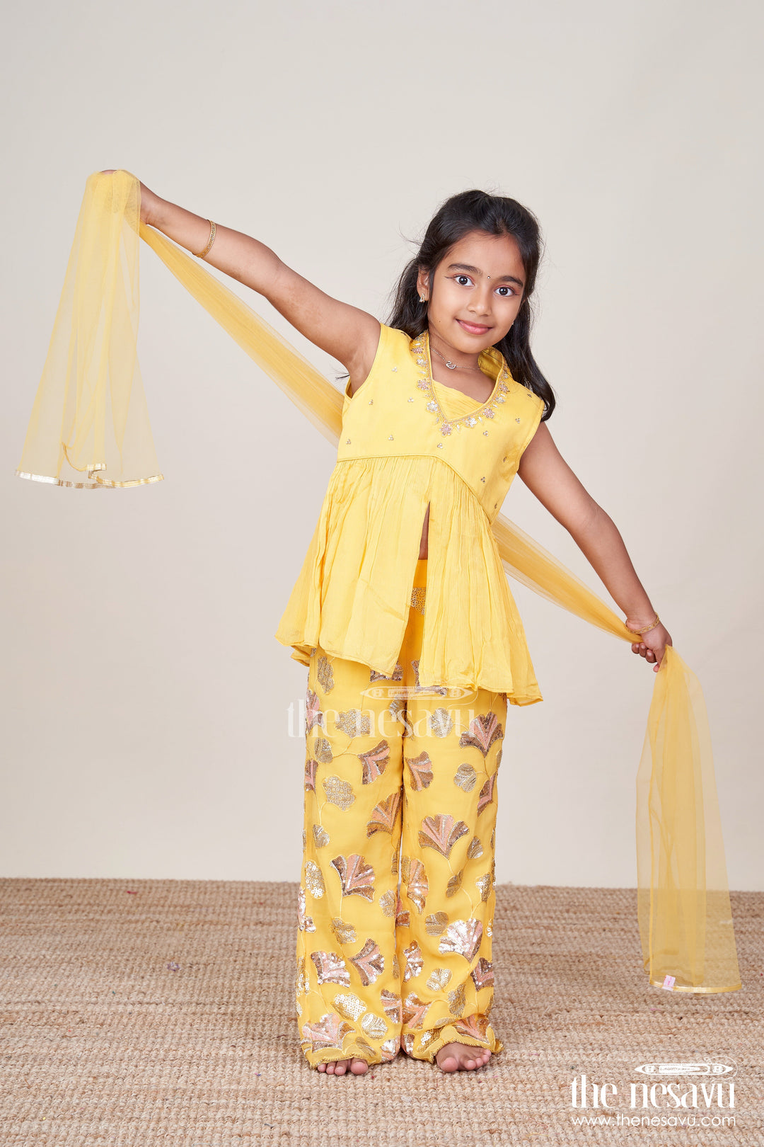 The Nesavu Girls Sharara / Plazo Set Girls Sharara Set with Sequins for Festive and Traditional Wear Nesavu Nesavu festive sharara set girls sequin embroidery ideal Diwali family celebrations