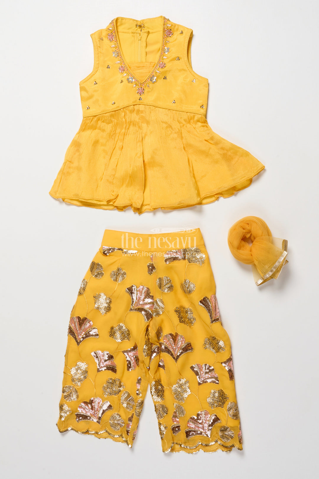 The Nesavu Girls Sharara / Plazo Set Girls Sharara Set with Sequins for Festive and Traditional Wear Nesavu Nesavu festive sharara set girls sequin embroidery ideal Diwali family celebrations