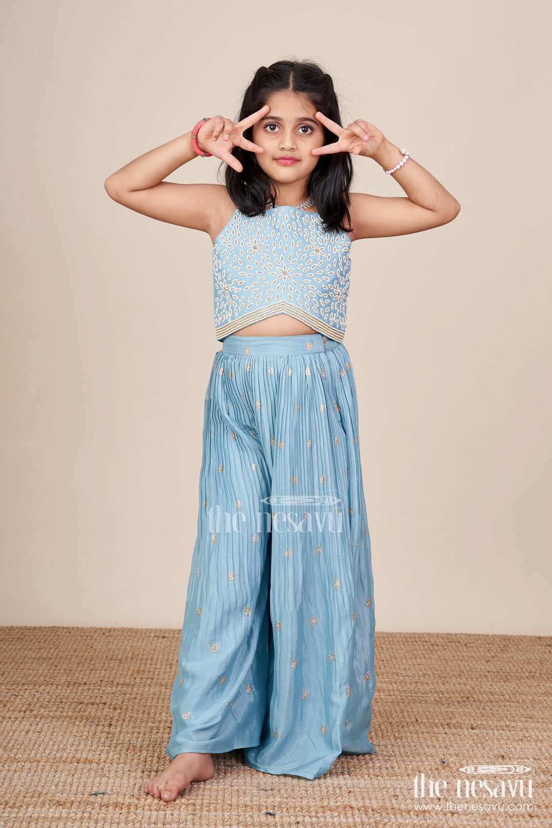 The Nesavu Girls Sharara / Plazo Set Girls Sharara Set with Thread Embroidery for Weddings and Mehendi Events Nesavu 24 (5Y) / Blue GPS652A-24 Nesavu sharara set girls thread embroidery  perfect weddings festive occasions