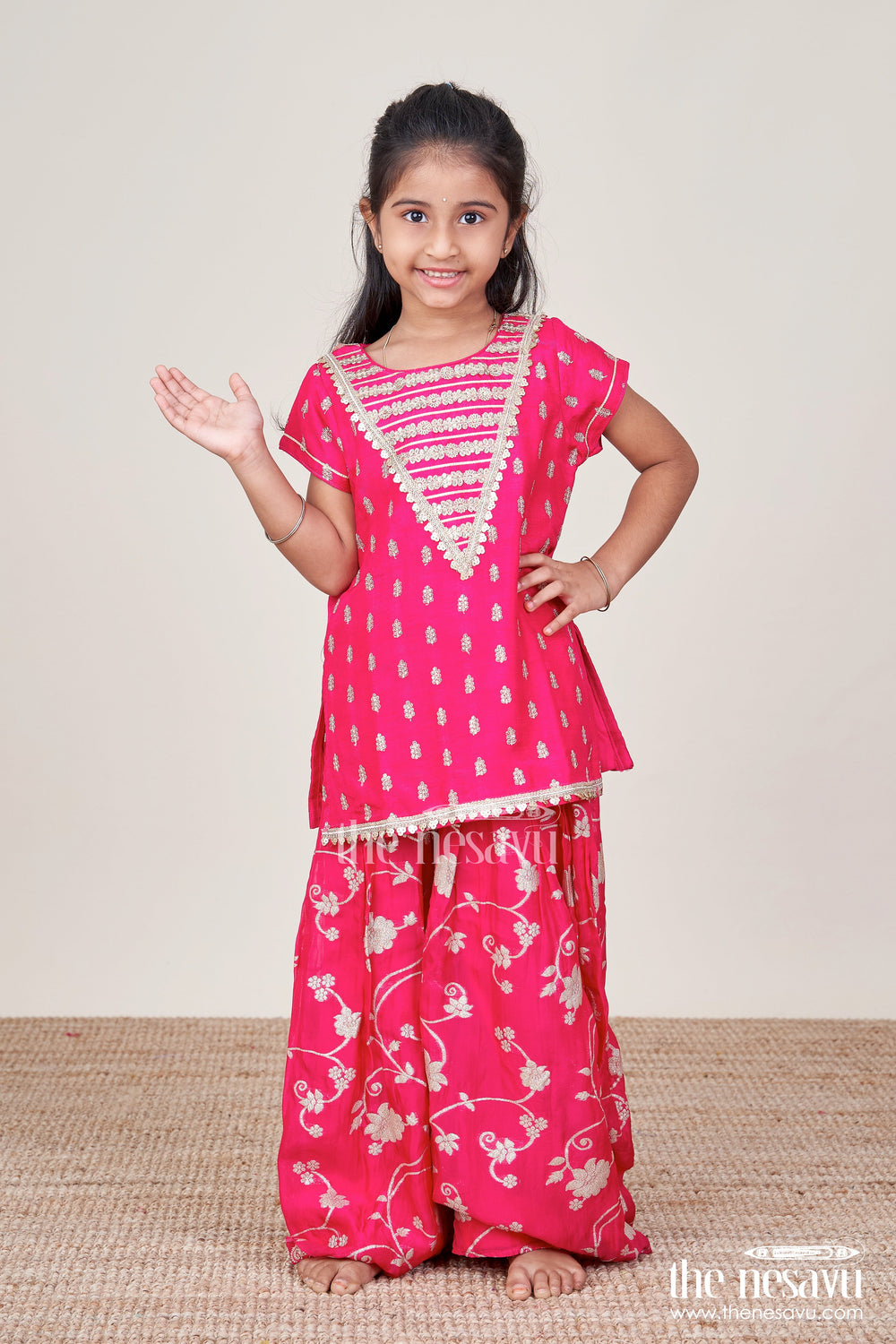 The Nesavu Girls Sharara / Plazo Set Girls Sharara Suit with Ethnic Embroidery for Weddings and Festive Functions Nesavu Nesavu girls sharara suit embroidery perfect ethnic wear weddings poojas festive occasions