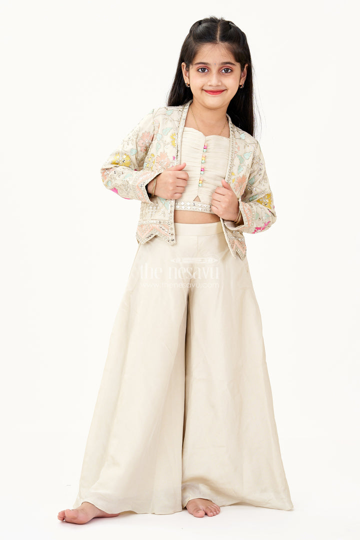 The Nesavu Girls Sharara / Plazo Set Girls Sharara Wear Set in Beige Shimmer Viscose with Embroidered Jacket and Spaghetti Top Nesavu 24 (5Y) / Cream GPS572A-24 Girls Beige Sharara Wear Shimmer Viscose Embroidered Jacket Pleated Top | The Nesavu