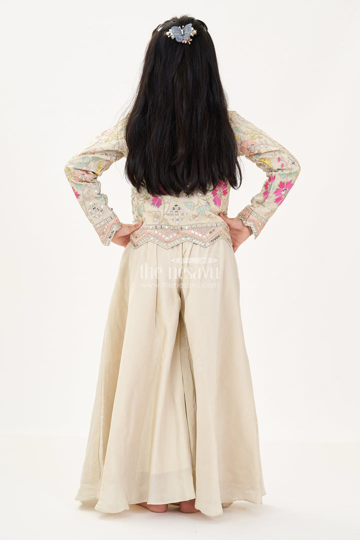 The Nesavu Girls Sharara / Plazo Set Girls Sharara Wear Set in Beige Shimmer Viscose with Embroidered Jacket and Spaghetti Top Nesavu Girls Beige Sharara Wear Shimmer Viscose Embroidered Jacket Pleated Top | The Nesavu