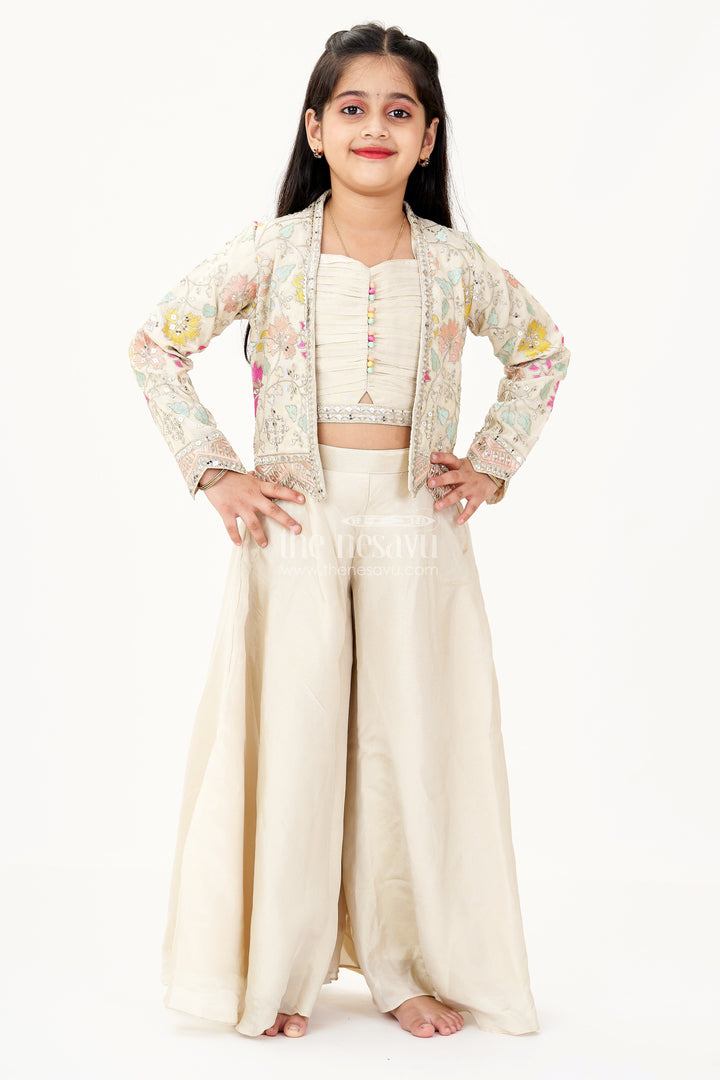 The Nesavu Girls Sharara / Plazo Set Girls Sharara Wear Set in Beige Shimmer Viscose with Embroidered Jacket and Spaghetti Top Nesavu Girls Beige Sharara Wear Shimmer Viscose Embroidered Jacket Pleated Top | The Nesavu