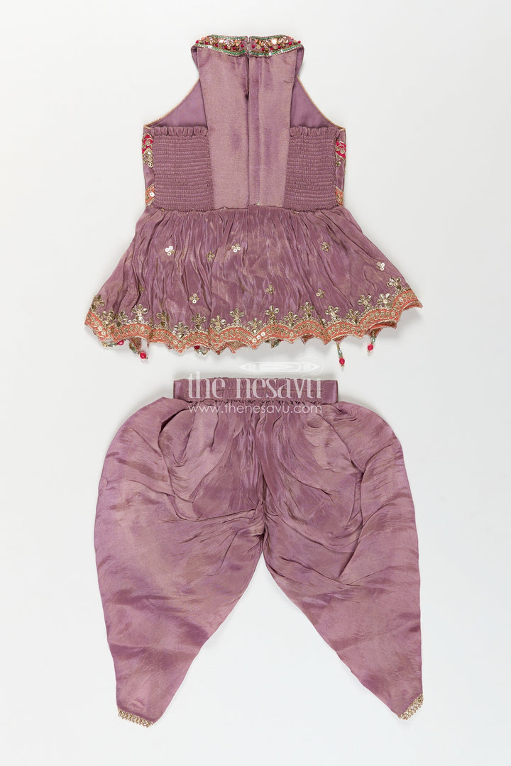 The Nesavu Girls Dothi Sets Girls Shimmer Sharara Kurta Set in Mauve Viscose Silk with Designer Embroidery and Jacket Nesavu Girls Mauve Sharara Kurta Shimmer Viscose Silk Designer Embroidery Net Jacket | The Nesavu