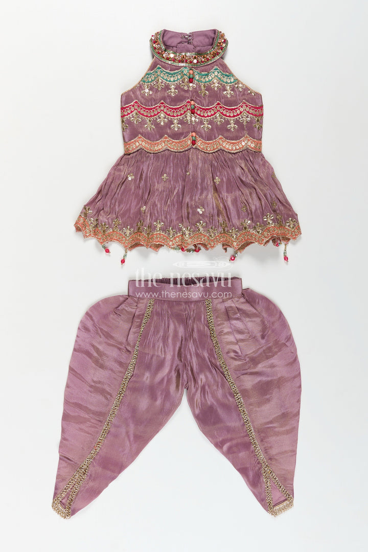 The Nesavu Girls Dothi Sets Girls Shimmer Sharara Kurta Set in Mauve Viscose Silk with Designer Embroidery and Jacket Nesavu Girls Mauve Sharara Kurta Shimmer Viscose Silk Designer Embroidery Net Jacket | The Nesavu