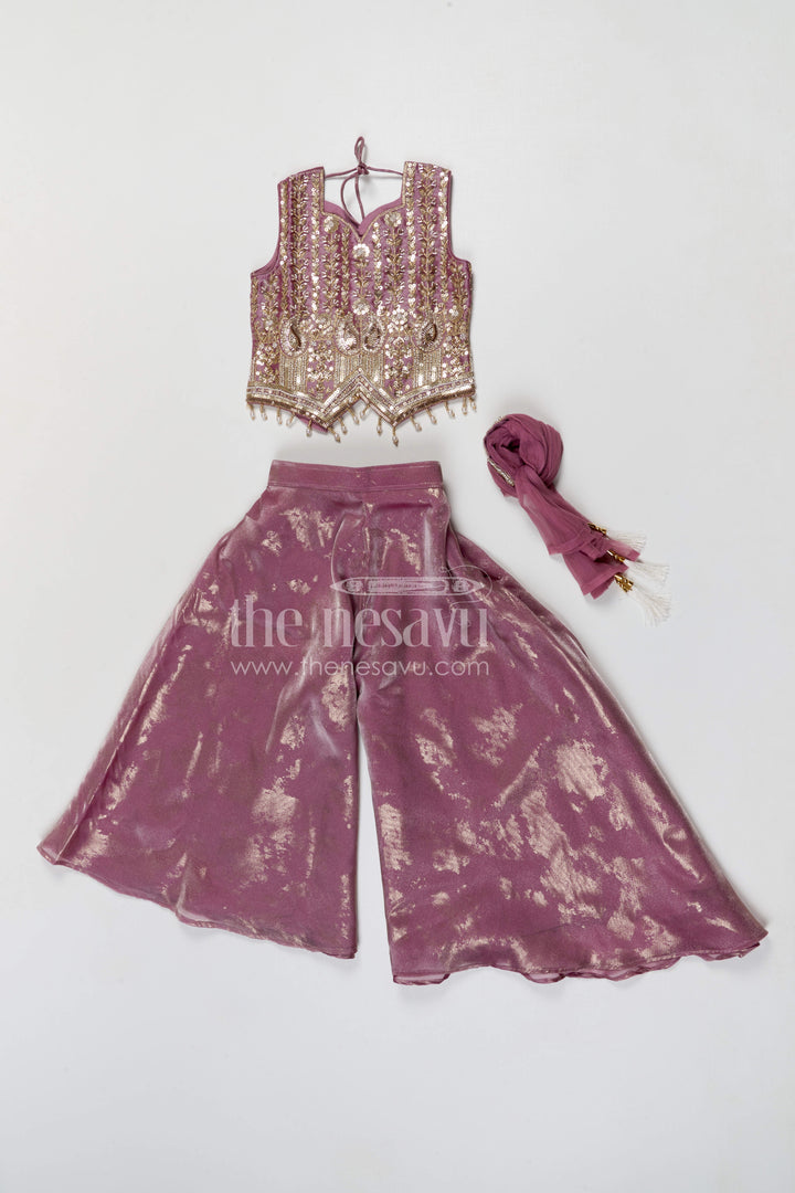 The Nesavu Girls Sharara / Plazo Set Girls Shimmer Sharara Set with Designer Embroidery for Festive Occasions Nesavu Nesavu girls tissue shimmer sharara set with designer embroidery for festive wear