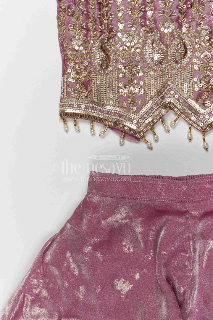 The Nesavu Girls Sharara / Plazo Set Girls Shimmer Sharara Set with Designer Embroidery for Festive Occasions Nesavu Nesavu girls tissue shimmer sharara set with designer embroidery for festive wear