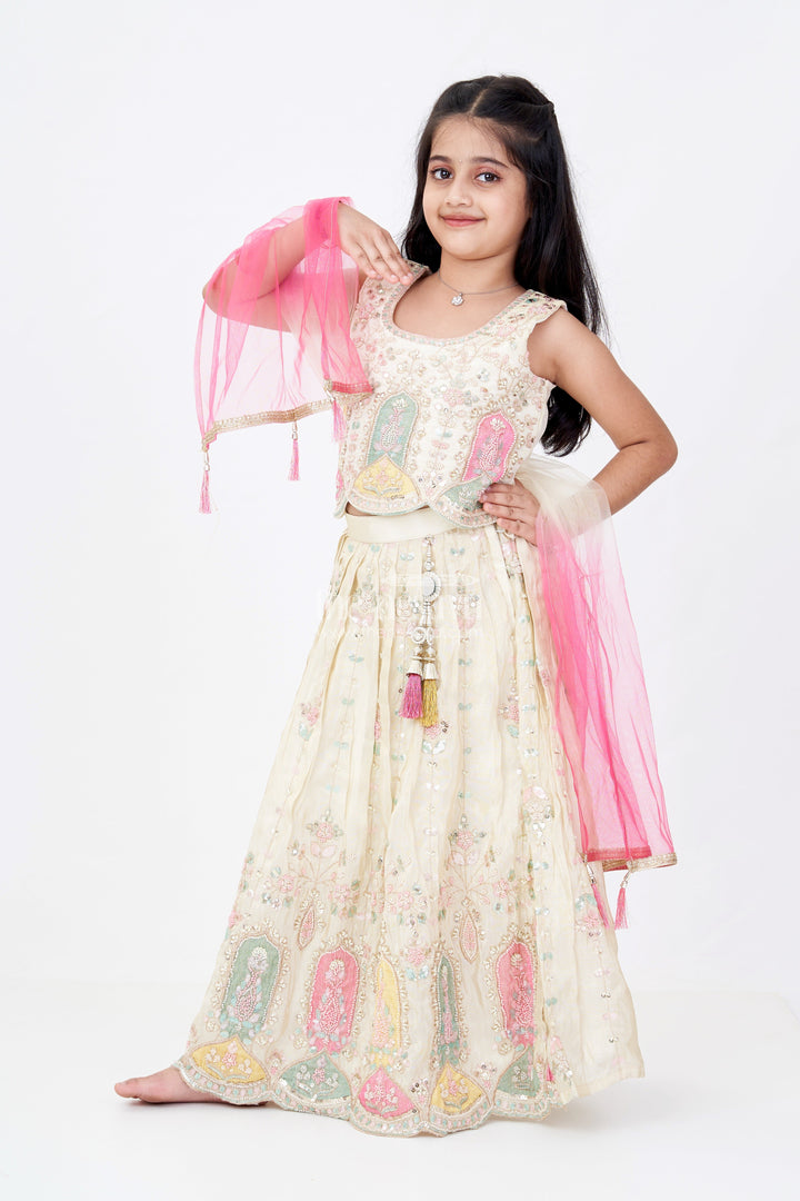 The Nesavu Girls Lehenga Choli Girls Shining Lehenga in Banarasi Kora Tissue Silk with Multi-Coloured Temple Embroidery and Beads Nesavu 18 (2Y) / Cream GL619A-18 Nesavu Girls Shining Lehenga Banarasi Kora Tissue Silk Multi-Coloured Embroidery Mirror Work
