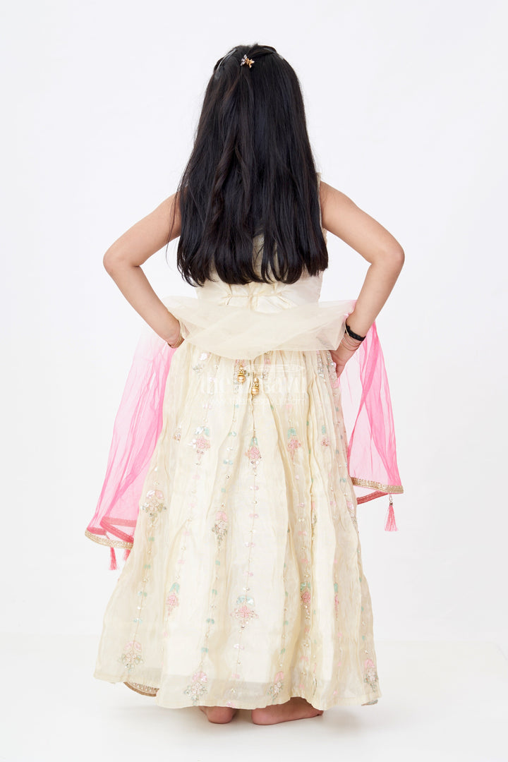 The Nesavu Girls Lehenga Choli Girls Shining Lehenga in Banarasi Kora Tissue Silk with Multi-Coloured Temple Embroidery and Beads Nesavu Girls Shining Lehenga Banarasi Kora Tissue Silk Multi-Coloured Embroidery Mirror Work | The Nesavu