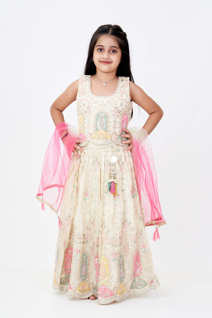 The Nesavu Girls Lehenga Choli Girls Shining Lehenga in Banarasi Kora Tissue Silk with Multi-Coloured Temple Embroidery and Beads Nesavu Nesavu Girls Shining Lehenga Banarasi Kora Tissue Silk Multi-Coloured Embroidery Mirror Work