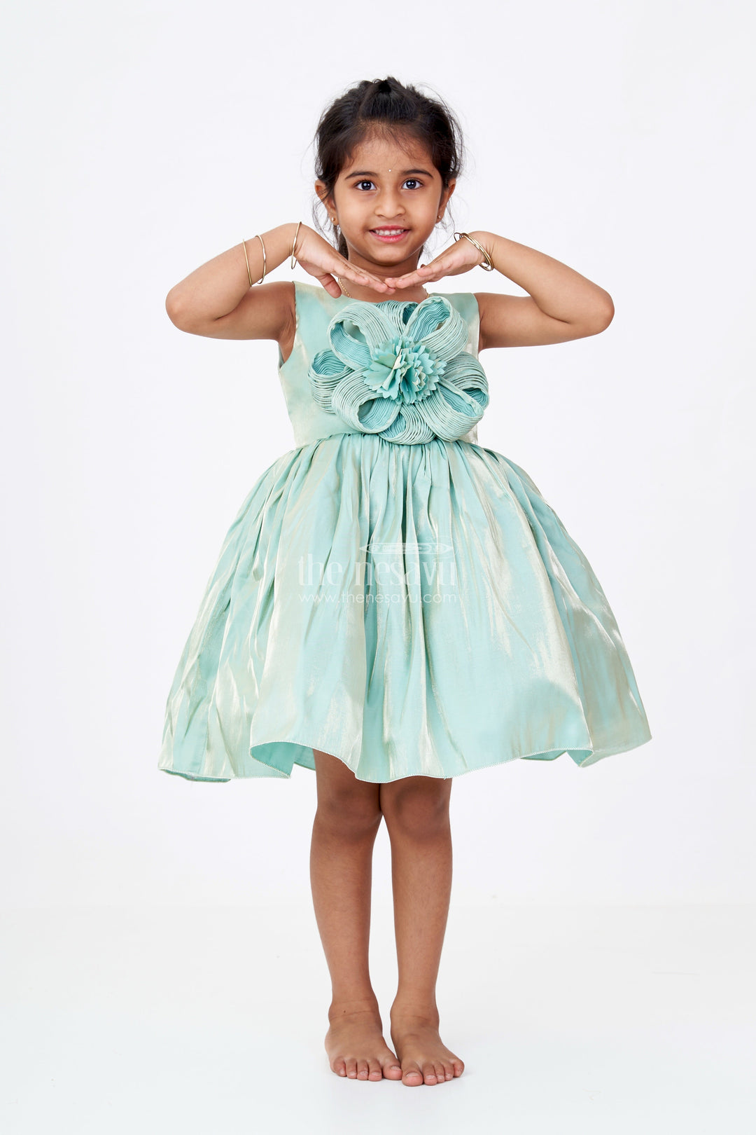 The Nesavu Girls Fancy Party Frock Girls Shiny Party Dress in Glazed Organza with Oversized Floral Appliqué and Elegant Flared Silhouette Nesavu 16 (1Y) / Green PF212B-16 Girls Shiny Party Dress Glazed Organza Floral Appliqu Flared Silhouette | The Nesavu