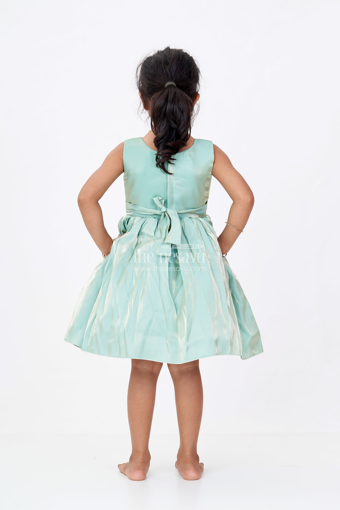 The Nesavu Girls Fancy Party Frock Girls Shiny Party Dress in Glazed Organza with Oversized Floral Appliqué and Elegant Flared Silhouette Nesavu Girls Shiny Party Dress Glazed Organza Floral Appliqu Flared Silhouette | The Nesavu