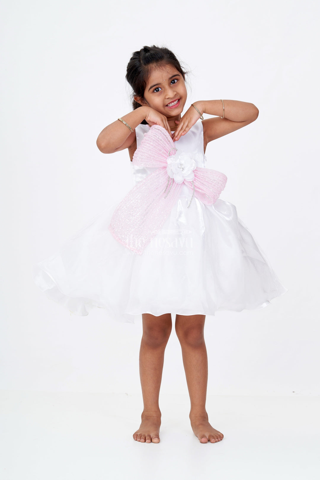 The Nesavu Girls Fancy Party Frock Girls Shiny Party Dresses in Cream Satin with Sequin Embroidered Bow and Floral Centerpiece Accent Nesavu Girls Shiny Party Dresses Cream Satin Sequin Embroidered Bow Floral Accent | The Nesavu