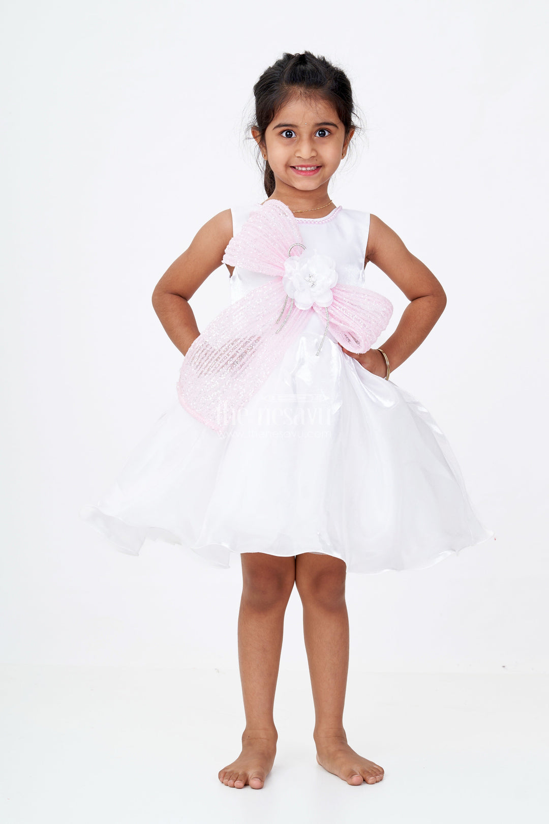 The Nesavu Girls Fancy Party Frock Girls Shiny Party Dresses in Cream Satin with Sequin Embroidered Bow and Floral Centerpiece Accent Nesavu Nesavu Girls Shiny Party Dresses Cream Satin Sequin Embroidered Bow Floral Accent